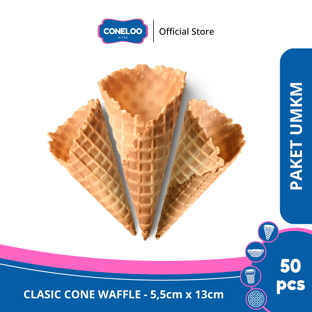 

PAKET UMKM Coneloo Bites Clasic Waffle 5,5cm x 13,5cm isi 50 pcs Cone Eskrim