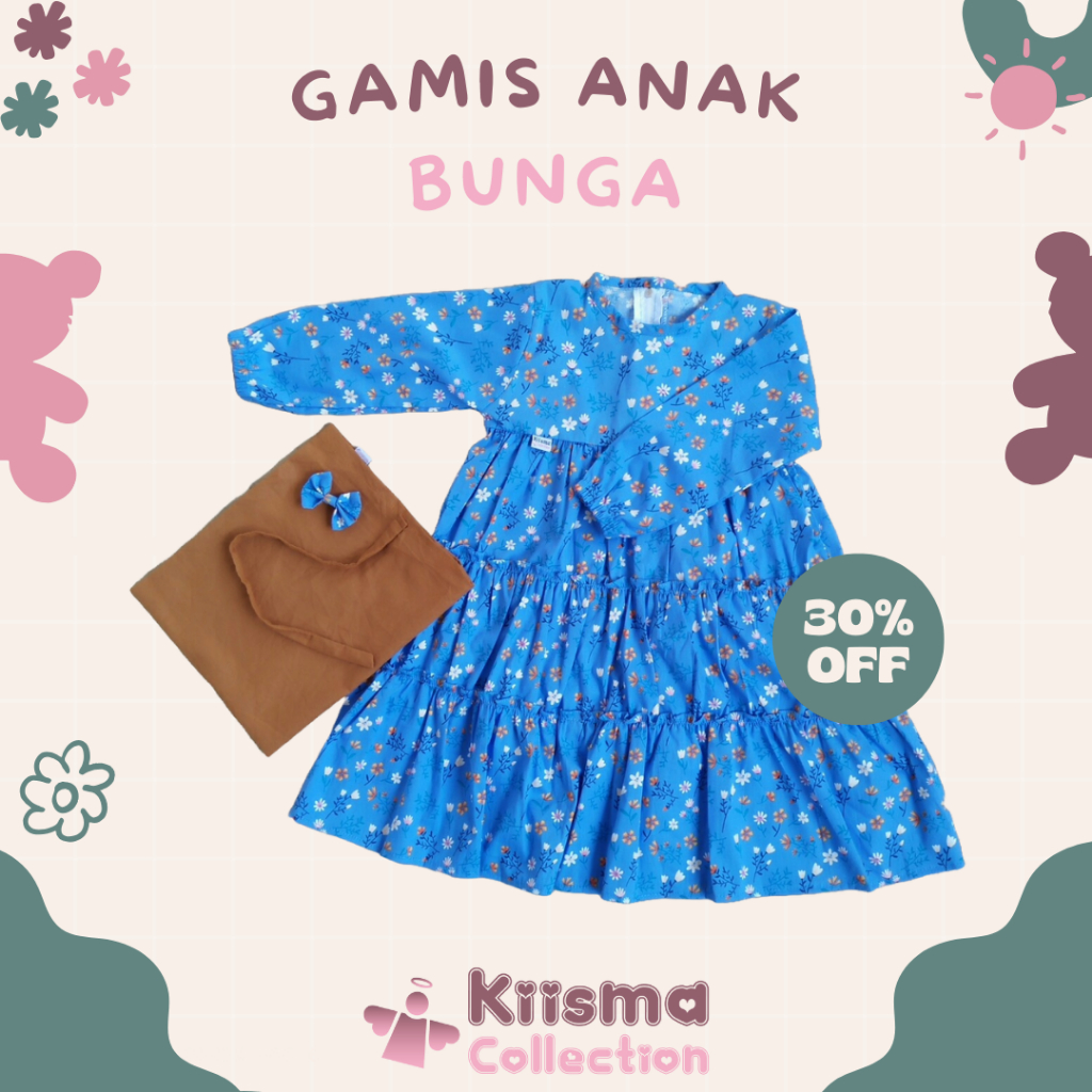 Baju Anak Perempuan Setelan Gamis Motif Bunga Warna Biru dan Cokelat Kiisma Collection