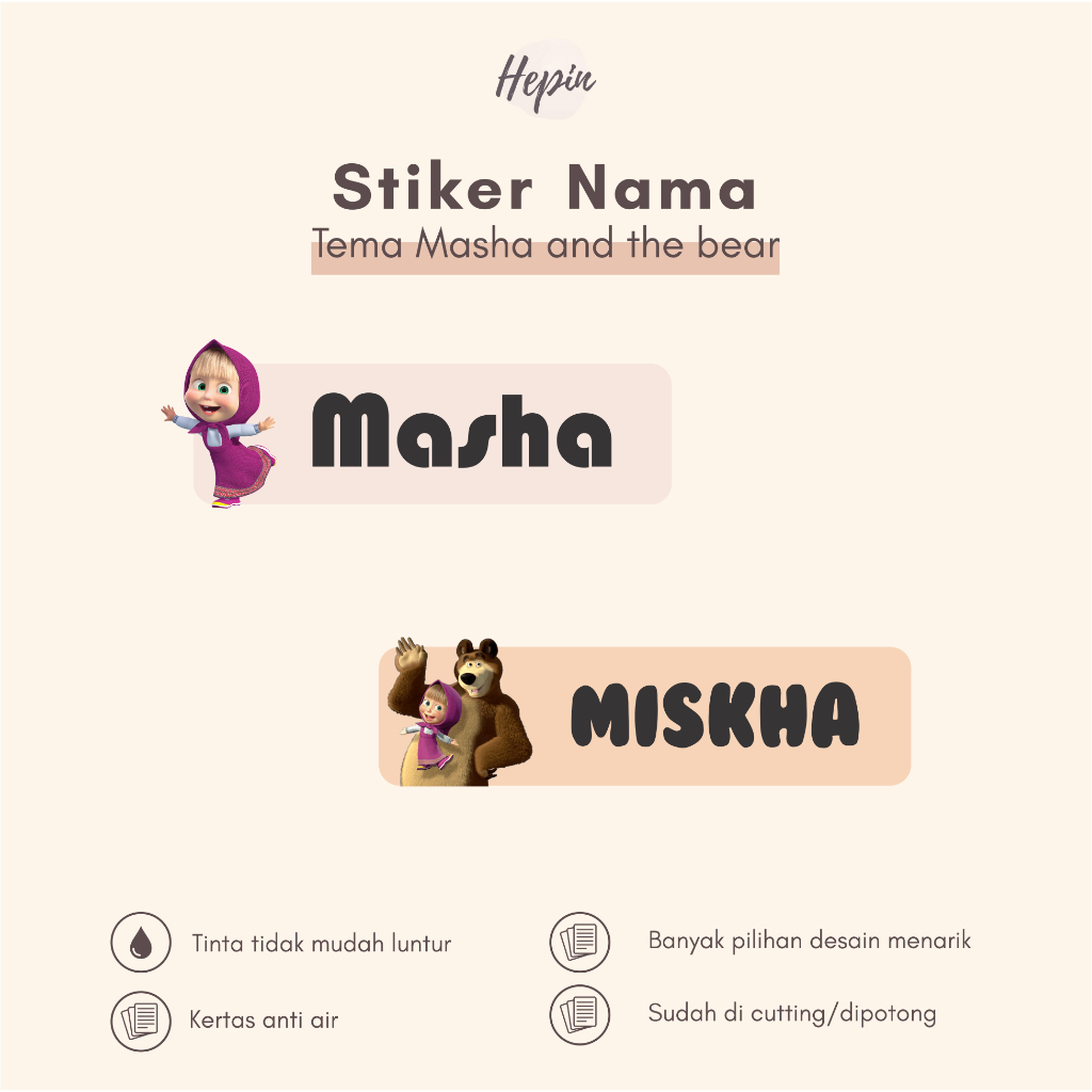 

(90 - 120 pcs) Stiker Cutting nama MASHA AND THE BEAR / Stiker Nama Anak Murah / Label Nama Custom