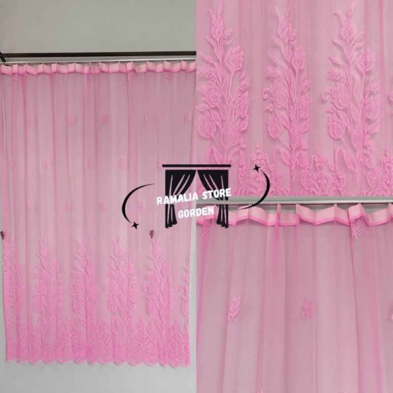 Gorden Vitrase Puring Tirai Dalaman Gorden Warna Pink Motif Bunga Tulip