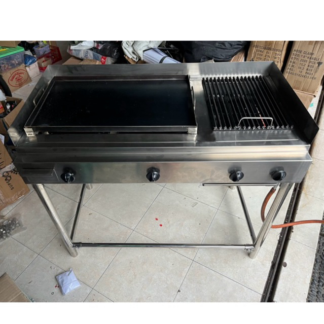 kompor teppanyaki + grill stainless steel wajan 65x40 grill 30x40 komplit kaki dan selang regulator