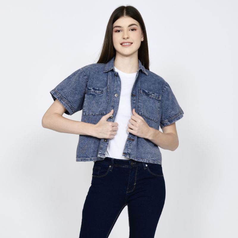 Kemeja Crop Jeans Wanita Lengan Pendek
