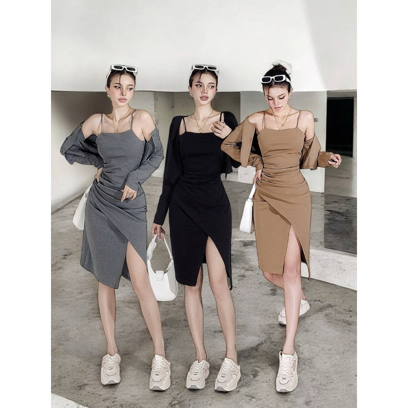 Miya Korea Set | Cotton Candy Import Bangkok | Sling Slit Midi Dress Outer Cardigan Set | Dress Kore