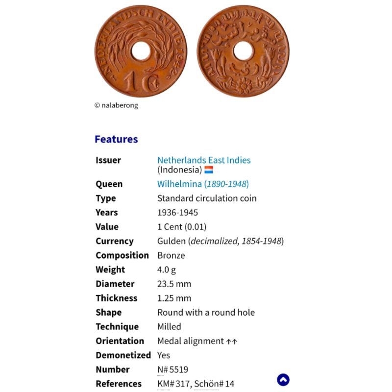 Uang Koin 1 Cent Nederlans Indie Jaman Belanda Sen Bolong