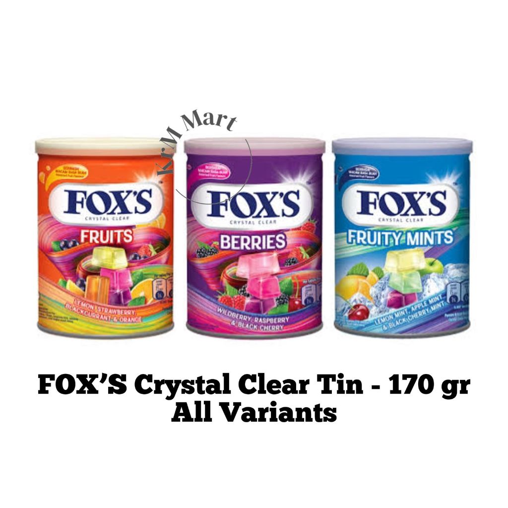 

Permen FOX Crystal Clear Tin 170 gr 1 kaleng All Varian Fruity Mints Berries Fruits fox's kristal bening candy