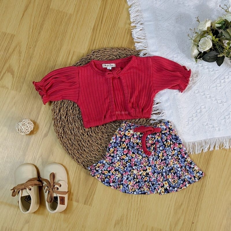 one set cardigan dan rok - pink fushia flower