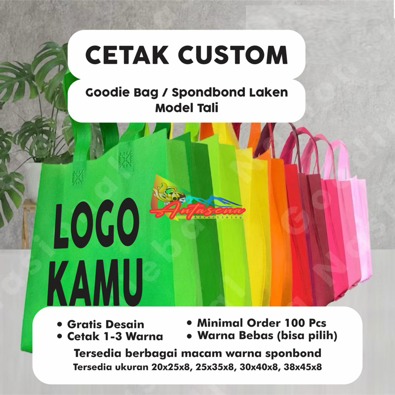 

Cetak / Sablon Custom Goodie Bag Sponbond / Kain Spounbond Laken Model Tali || Gratis Desain || Minimal Order 100 pcsd