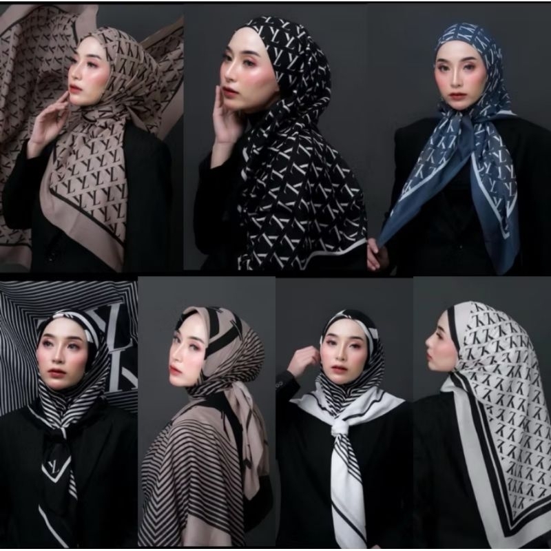 (Pakai Pouch)Hijab Segiempat Monogram Ly Alesha Pattern Scraf LY - Jilbab Voal Branded LY Premium - 