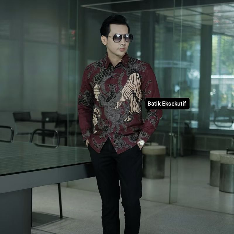 Batik Pria Merah Maron Burgundi Lengan PANJANG Slim Fit TERBARU Keris Modern Premium Baju Atasan Bat