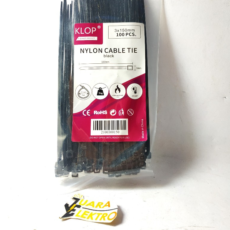 

(1 PACK) Kabel TIS 3 x 150 mm MERK KLOP | Variasi Kabel Ties Ukuran 3x150 mm Hitam - Putih