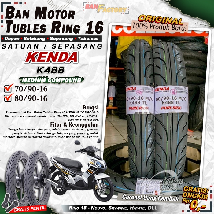 Ban Motor Nouvo Kenda K488 Ring 16 Tubles Ban Motor Tubeless Nouvo Skywave Hayate Ring 16 Tubles