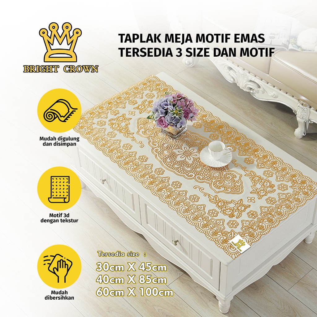 Bright Crown Taplak Meja Vintage Ruang Tamu PVC Tahan Air Renda Hias Vinyl 3 UKURAN PREMIUM