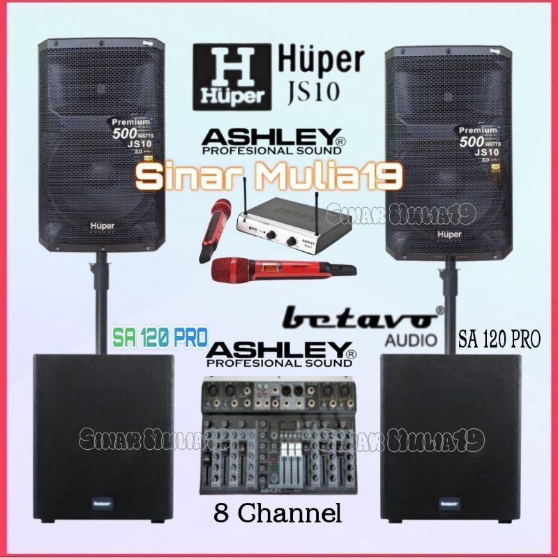 Paket Sound System Speaker Aktif 15 Inch Huper JS10 Subwoofer Aktif Betavo SA 120 PRO Mixer Ashley 8