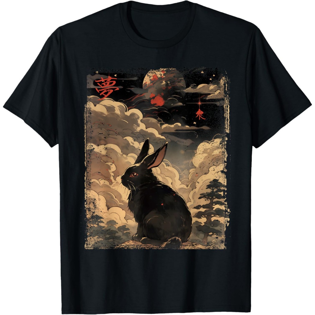 Kaos Pemandangan Jepang Vintage Kelinci Lucu Seni Grafis Kanji Jepang