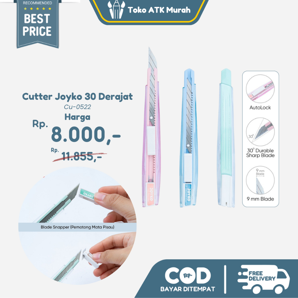 

Cutter Joyko CU-0522 Pastel Pisau Pemotong 30 derajat Autolock