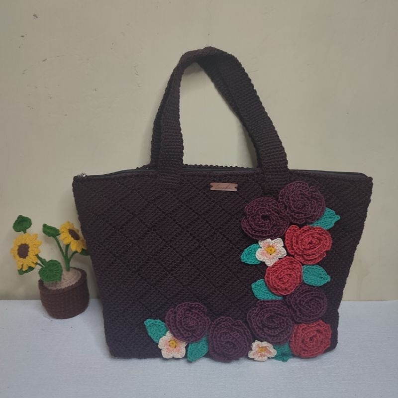Simple Crochet Bag Roses / Handbag Rajut Mawar / Tas Rajut hiasan Bunga Mawar / Tas Rajut Premium hi