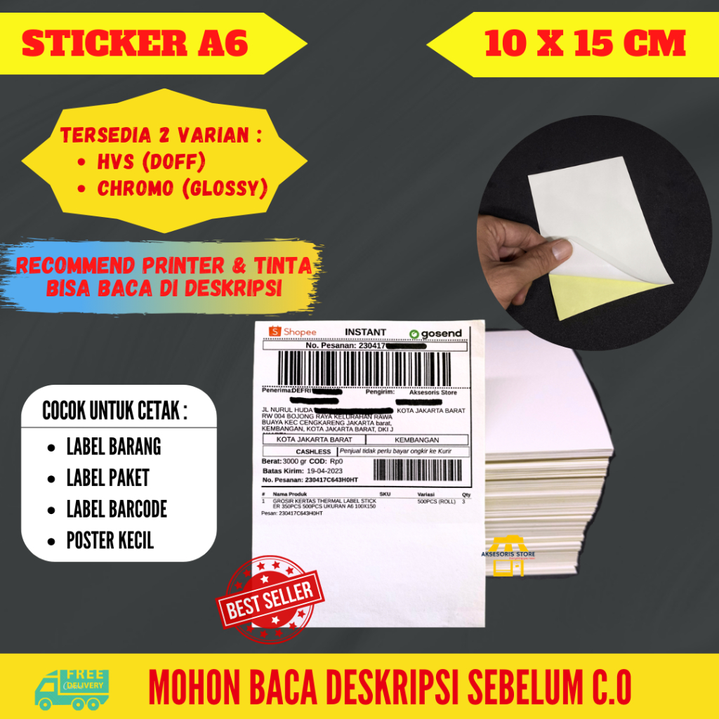 

RB Stiker Label A6 isi 500 Lembar / Kertas Sticker HVS A6 Ukuran 10X15