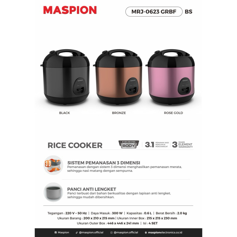 Maspion Magic Cooker MRJ 0623 GRBF BS Rice Cooker 0.6 Liter