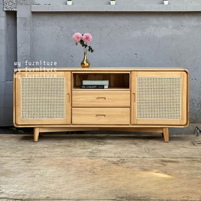 Bufet Minimalis kayu jati kombinasi rotan asli, meja tv minimalis kayu jati, bufet meja tv