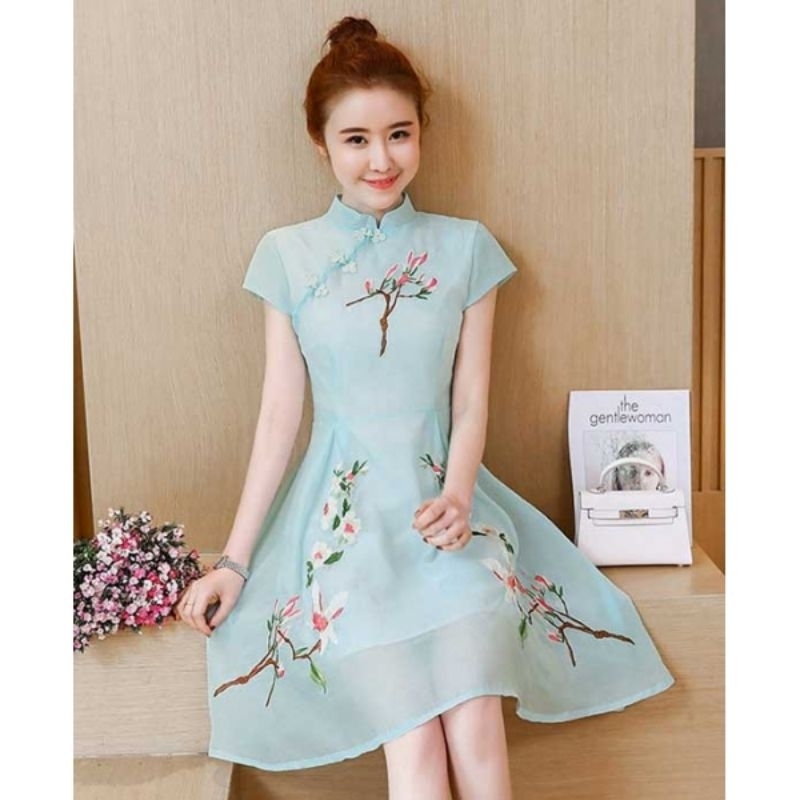 preloved cheongsam imlek wanita dewasa biru muda bordir bunga