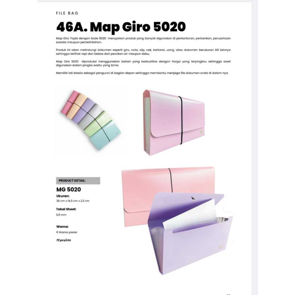 

Map Giro 5020 File Bag merek topla warna pastel karet isi 12 lembar ketebalan plastik 0.6 mm uukuran 26 x 14.5 x 2.3 cm