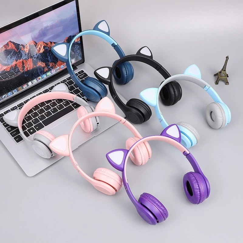 Earphone Karakter Kucing Wireless HFY47 Free Usb Earphone Bando Kucing Charger Lucu