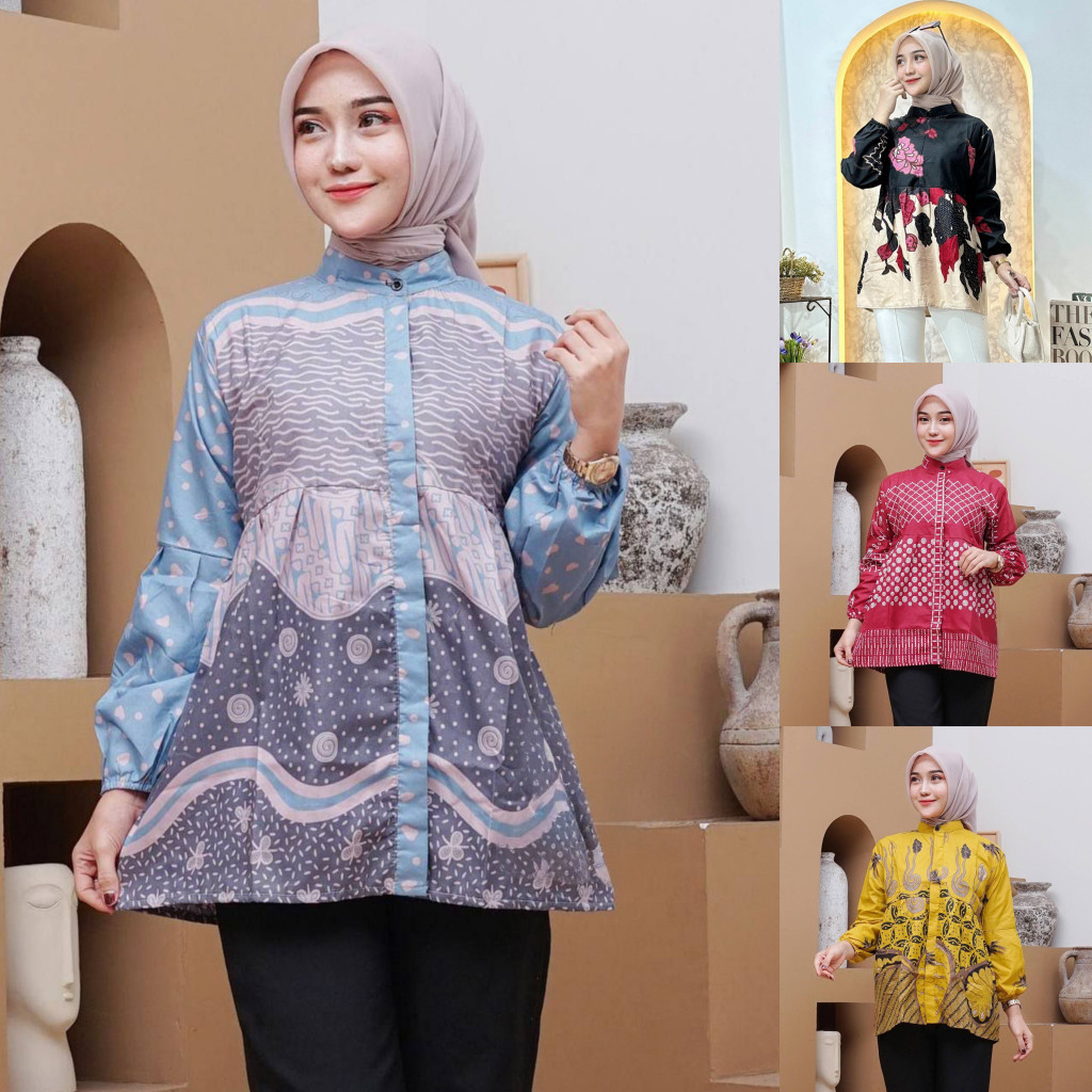 Atasan Blouse Batik Wanita Lengan Balon M L XL XXL