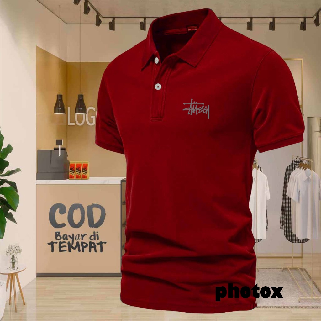 COD T-shrit POLO kerah Stussy Text Silver Kaos Kerah Dewasa Shirt / Kaos Wangki Pria Polo / Kaos Ser