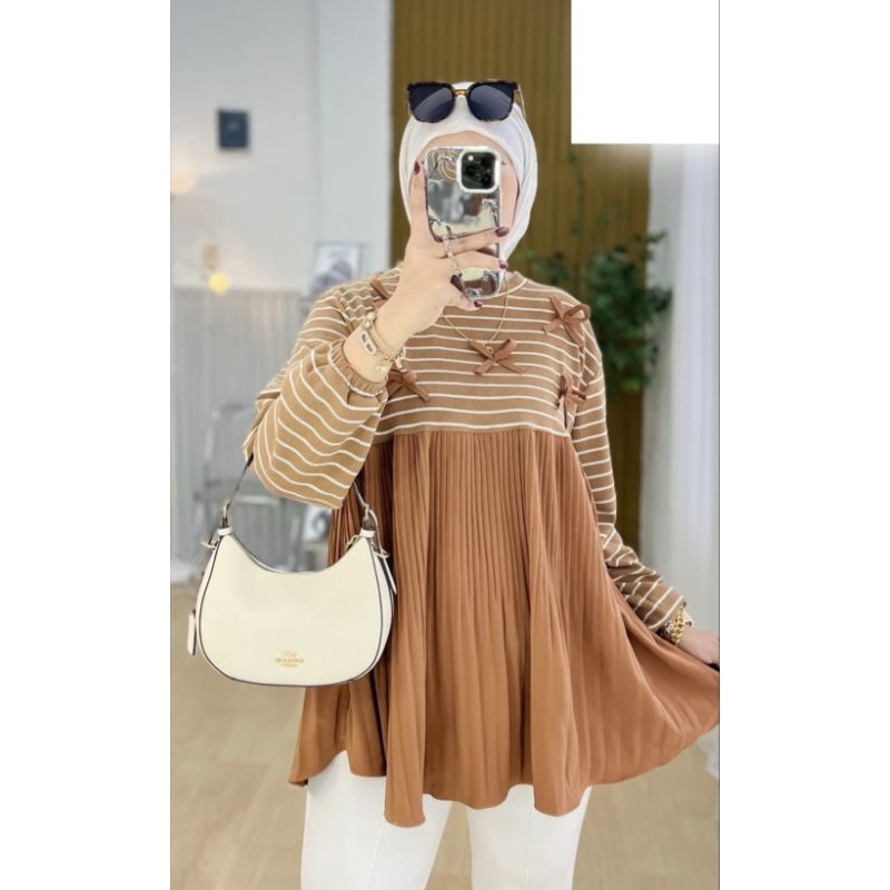 atasan blus plisket wanita kaos knit rajut import salur pita