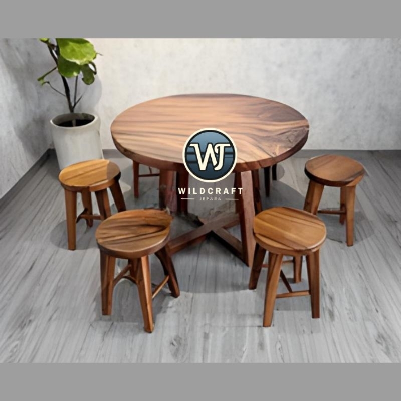 SET MEJA KOPI BULAT 6 STOOL KAYU TREMBESI