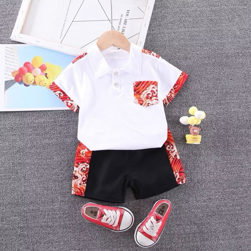 setelan anak kemeja polo batik dan celana pendek