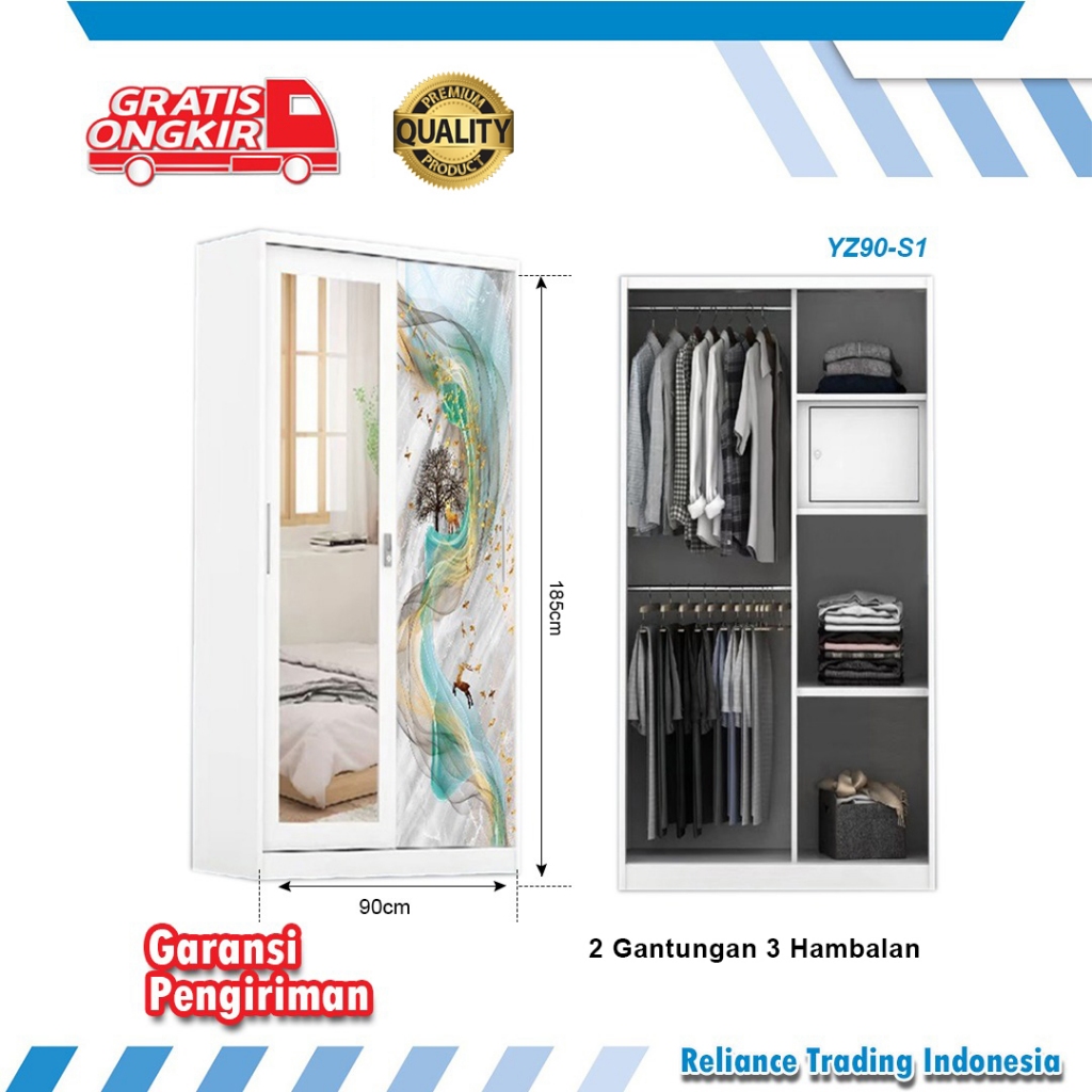 TITANOK LEMARI BESI- FREE PACKING KAYU Lemari Pakaian Sliding Cermin 2 pintu Metal Sliding Wardrobe 
