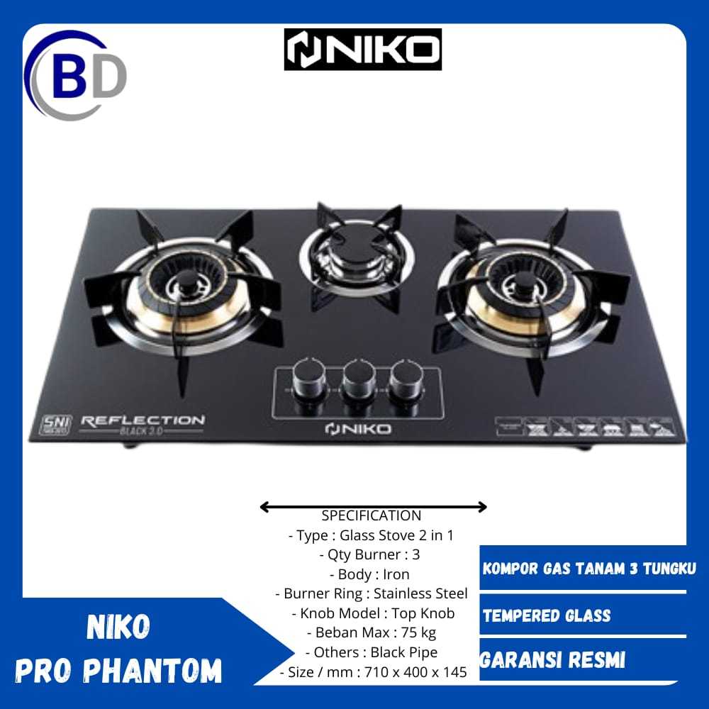 Kompor Gas Kaca 3 Tungku - Niko Pro Phantom Kompor Gas Tanam 3 Tungku