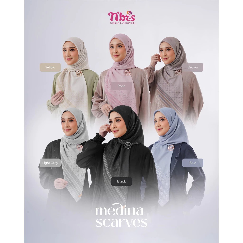 Nibras Medina Scarves Hijab Segi Empat 115cm Rose Brown Black Blue Yellow Light Grey Motif Lasercut