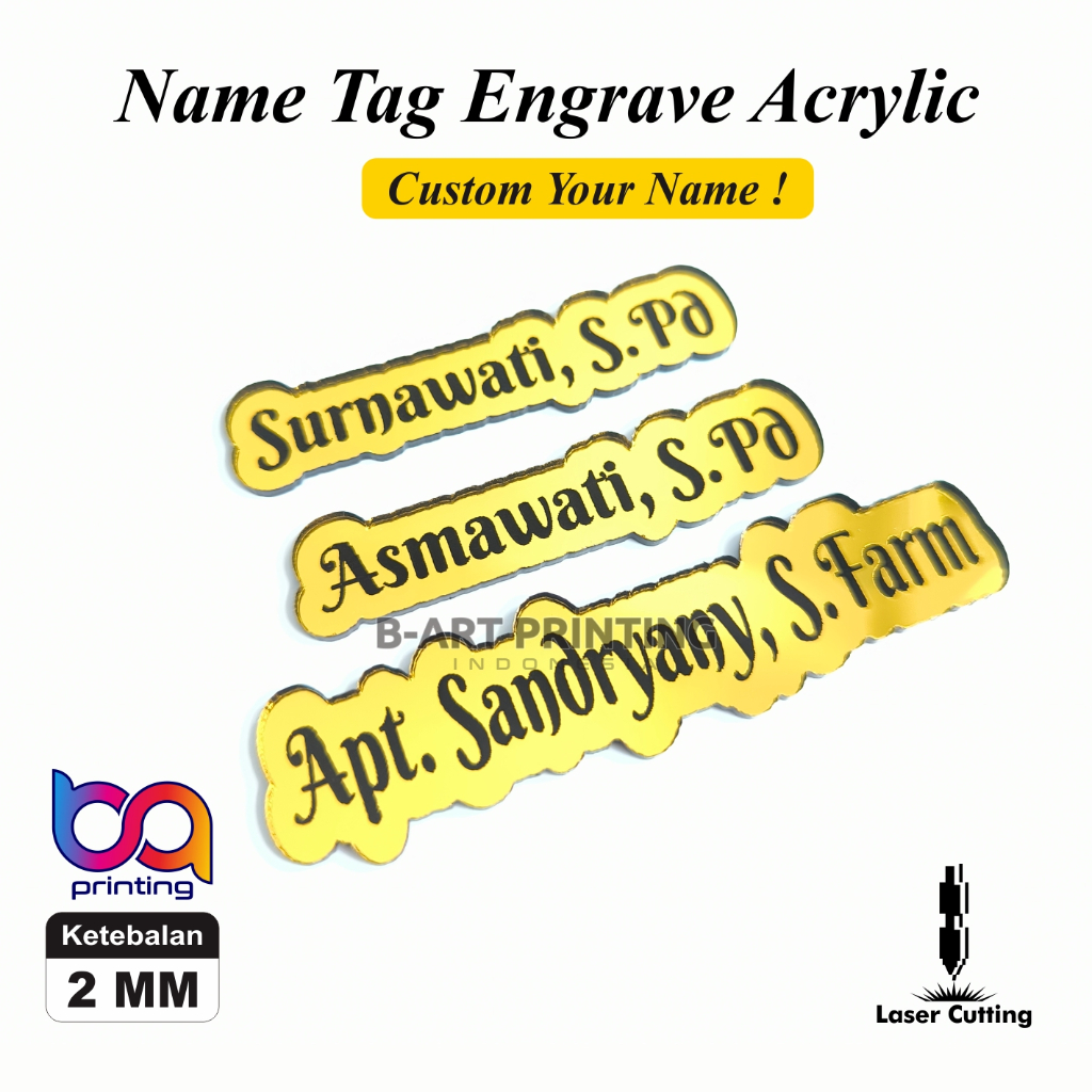 Bros Nama Akrilik / Nama Dada / Name Tag Akrilik Mirror Gold Rose Gold Silver Bros Nama Panjang Send
