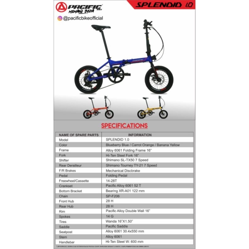 sepeda lipat 16 inch Pacific splendid 1.0 7 speed