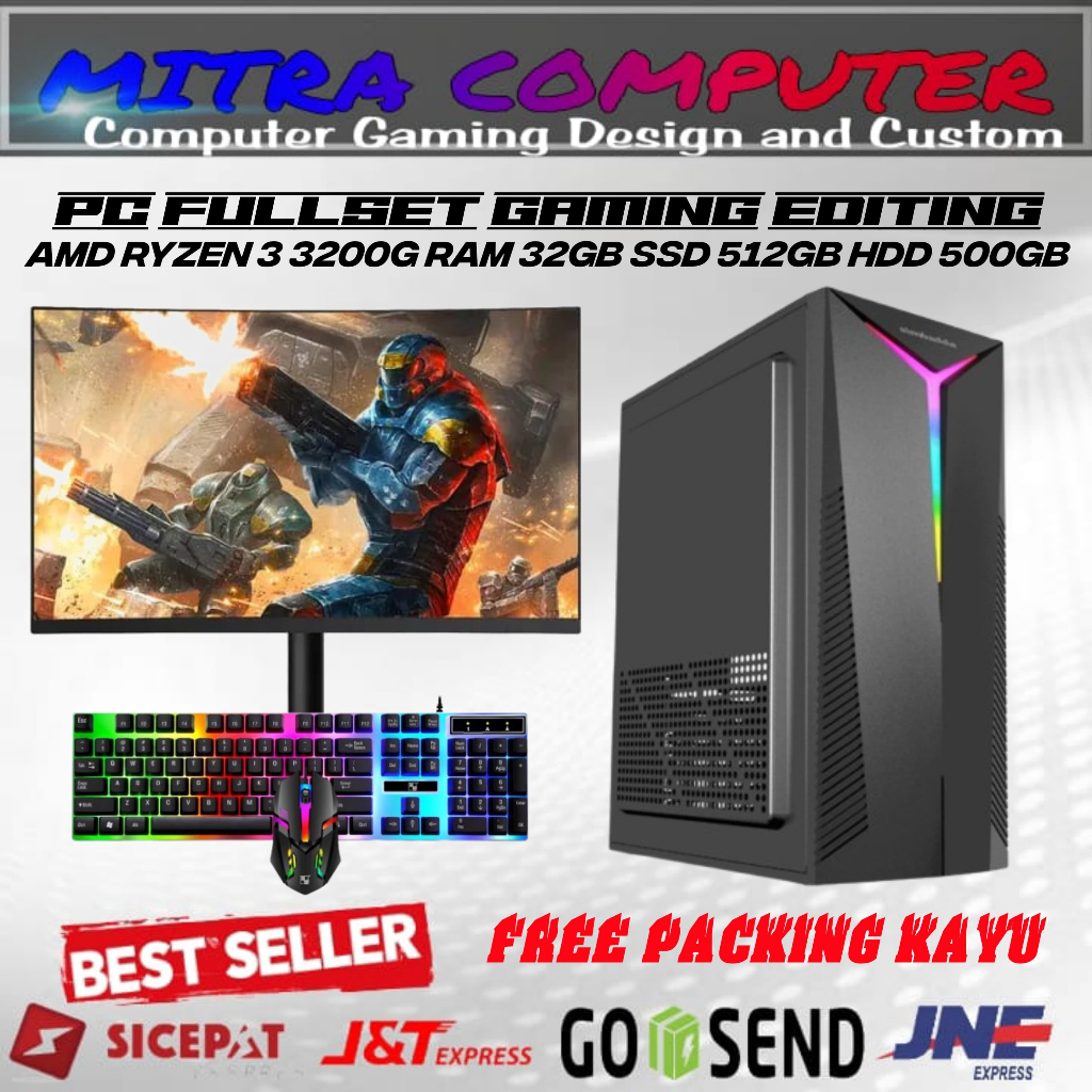PC Rakitan Fullset AMD Ryzen 3 3200G RAM 32gb SSD 512gb Lengkap LED 24 Inci Keyboard Mouse Gaming