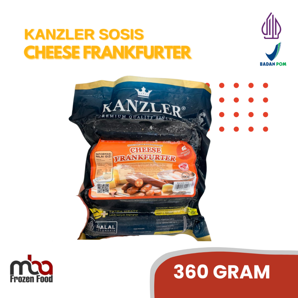 

Kanzler Cheese Frankfurter 360 gram (5pcs) /Sosissapi /Sapi /Sosis /Daging /Kornet /Sate /Snack /Camilan /Dagingsapi /Dagingayam /Ayam /Frozen food