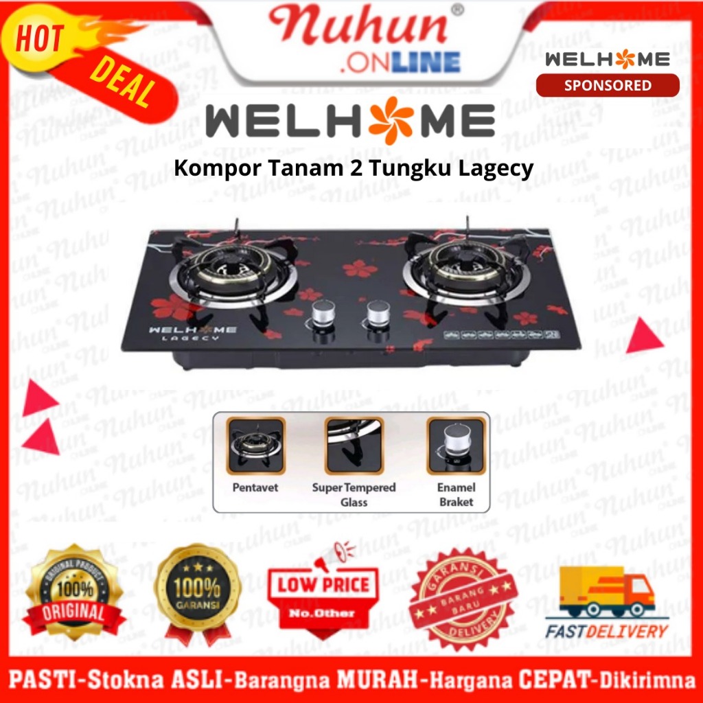 Kompor Gas Welhome Legacy 2 Tungku - Hitam, Tempered Glass, Garansi 12 Bulan