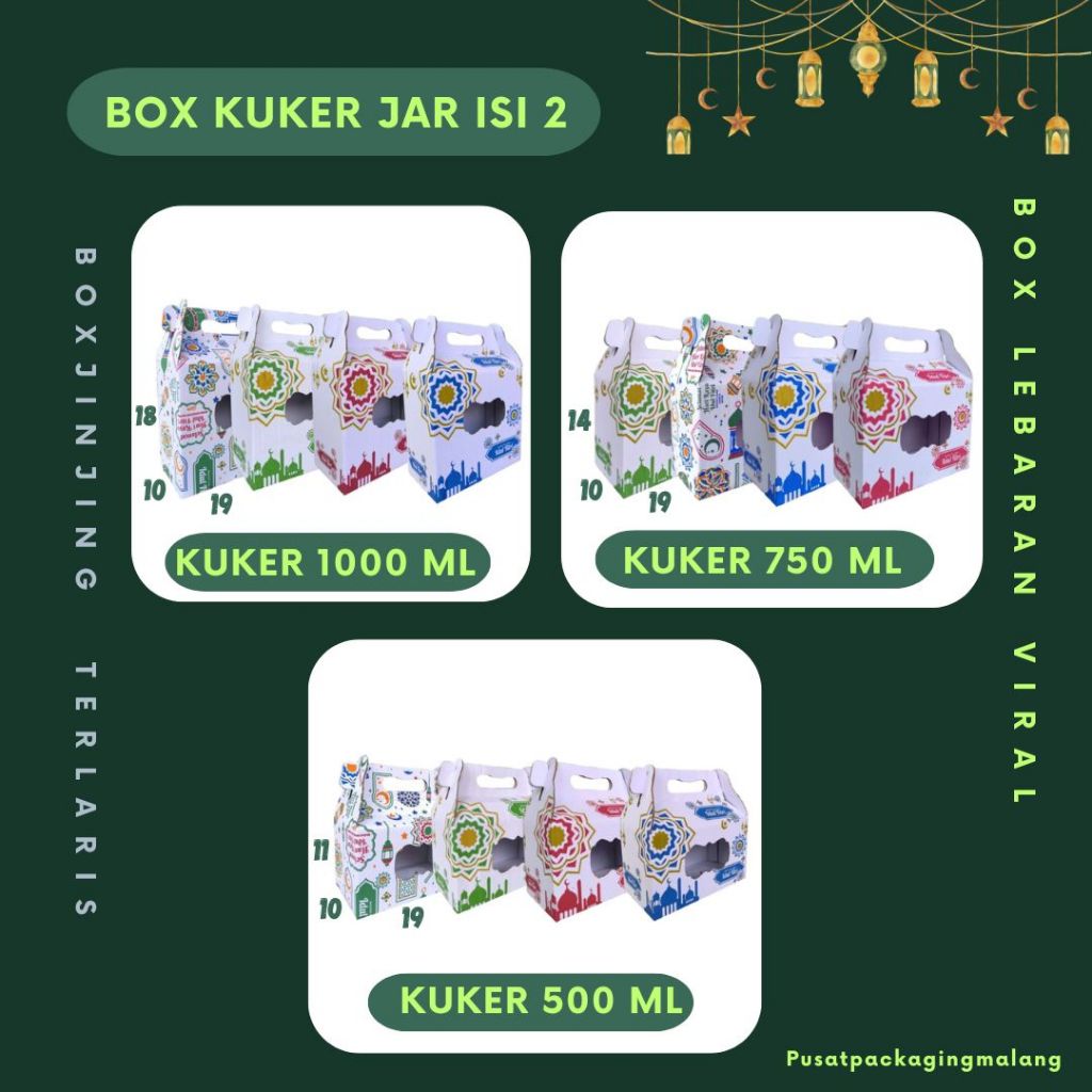 

Box Jinjing Kuker Jar Isi 2 19x10x18 / 19x10x14 / 19x10x11 Jinjing Jar 1000m / 750ml / 500ml Box Jinjing Kardus Lebaran Idul Fitri Hampers Polos/Motif/ Box Ied Mubarak