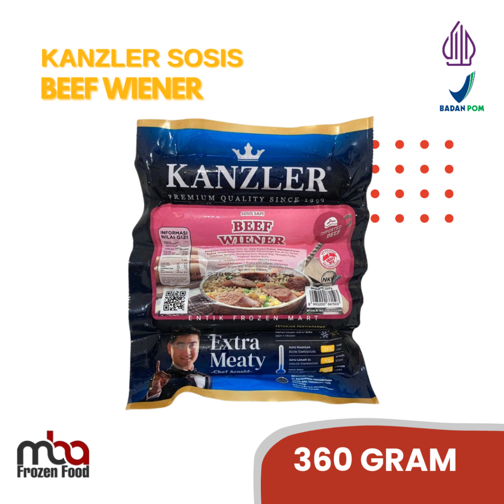 

Kanzler Beef Wiener 360 gram isi ( 5 Pcs ) /Sosissapi /Sapi /Sosis /Daging /Kornet /Sate /Snack /Camilan /Dagingsapi /Dagingayam /Ayam /Frozen food