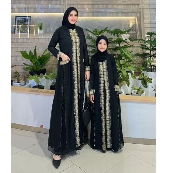 GAMIS ABAYA TURKEY BORDIR COUPLE IBU ANAK BUSUI REINA FULL HITAM