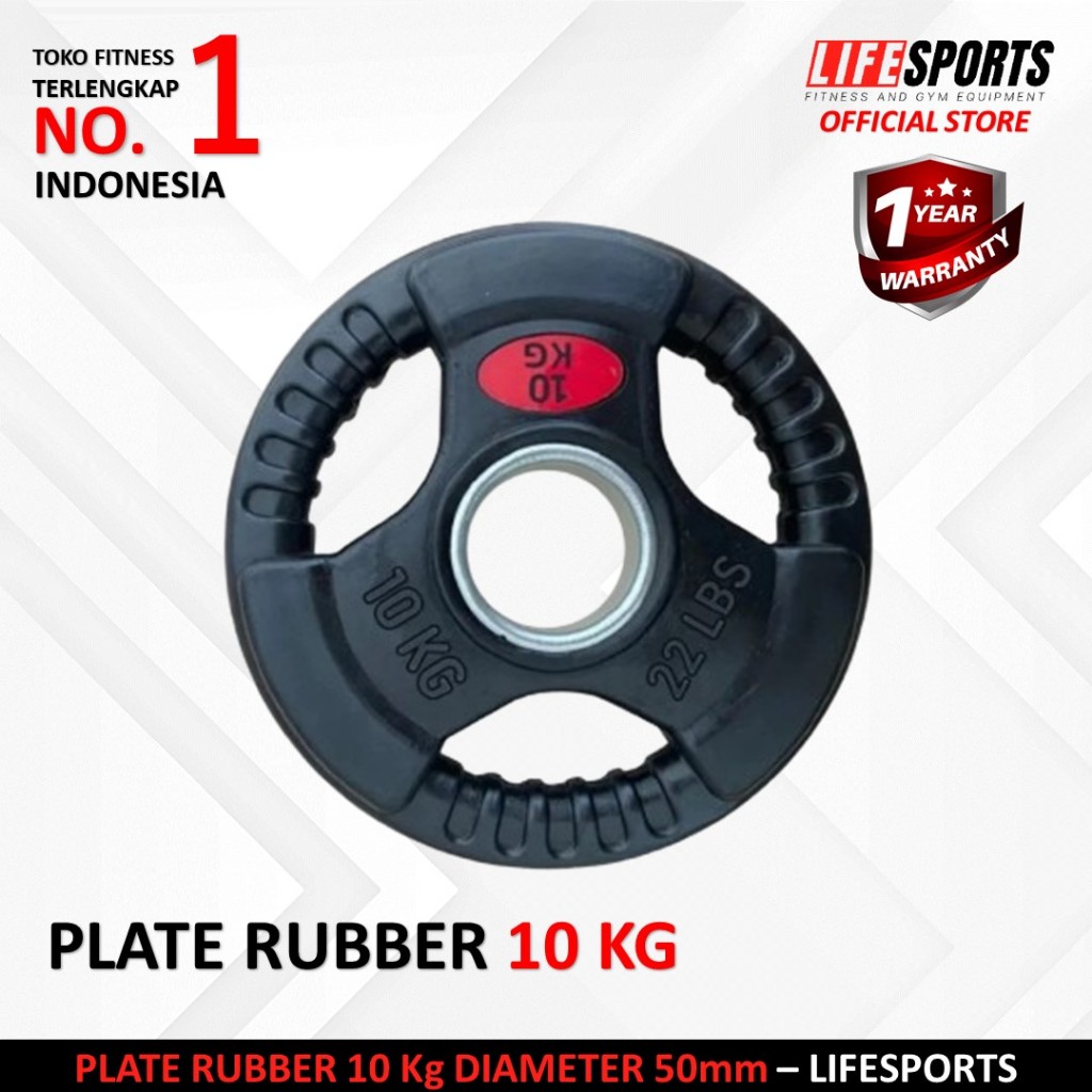 LIFESPORTS - New Alat Olahraga Fitness Classic Black Rubberized Plate Rubber 3 Grip Bumper 10 Kg