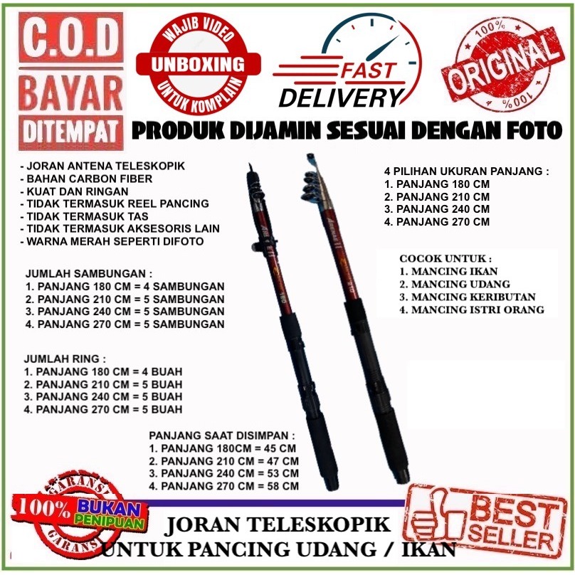 C.O.D Joran Alat Pancing Ikan Udang Model Antena Teleskopik Bahan Serat Fiber Kuat Ringan