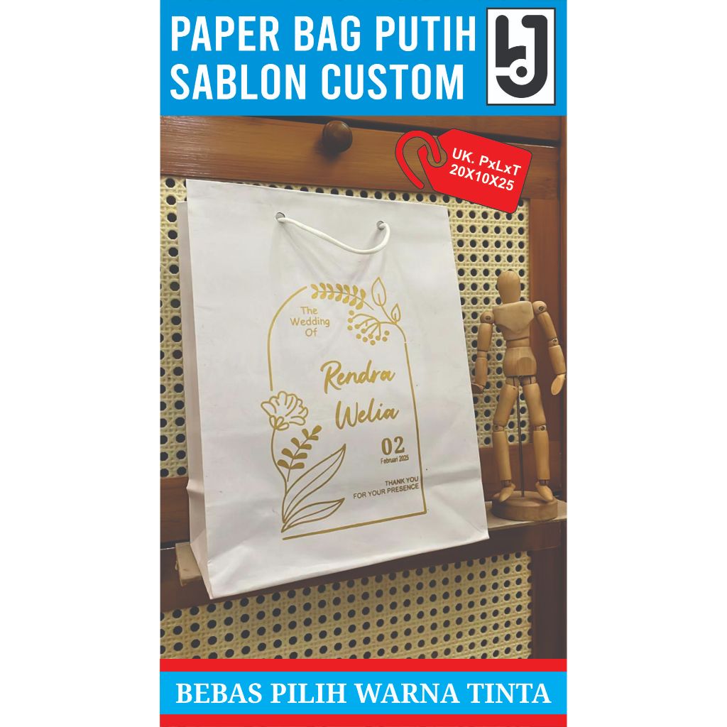 

Paperbag putih free desain sablon / tas kertas ukuran 20x10x25