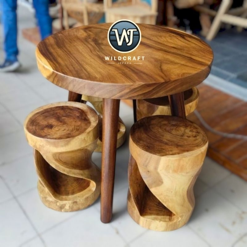 SET MEJA KOPI BULAT 4 STOOL UNIK KAYU TREMBESI