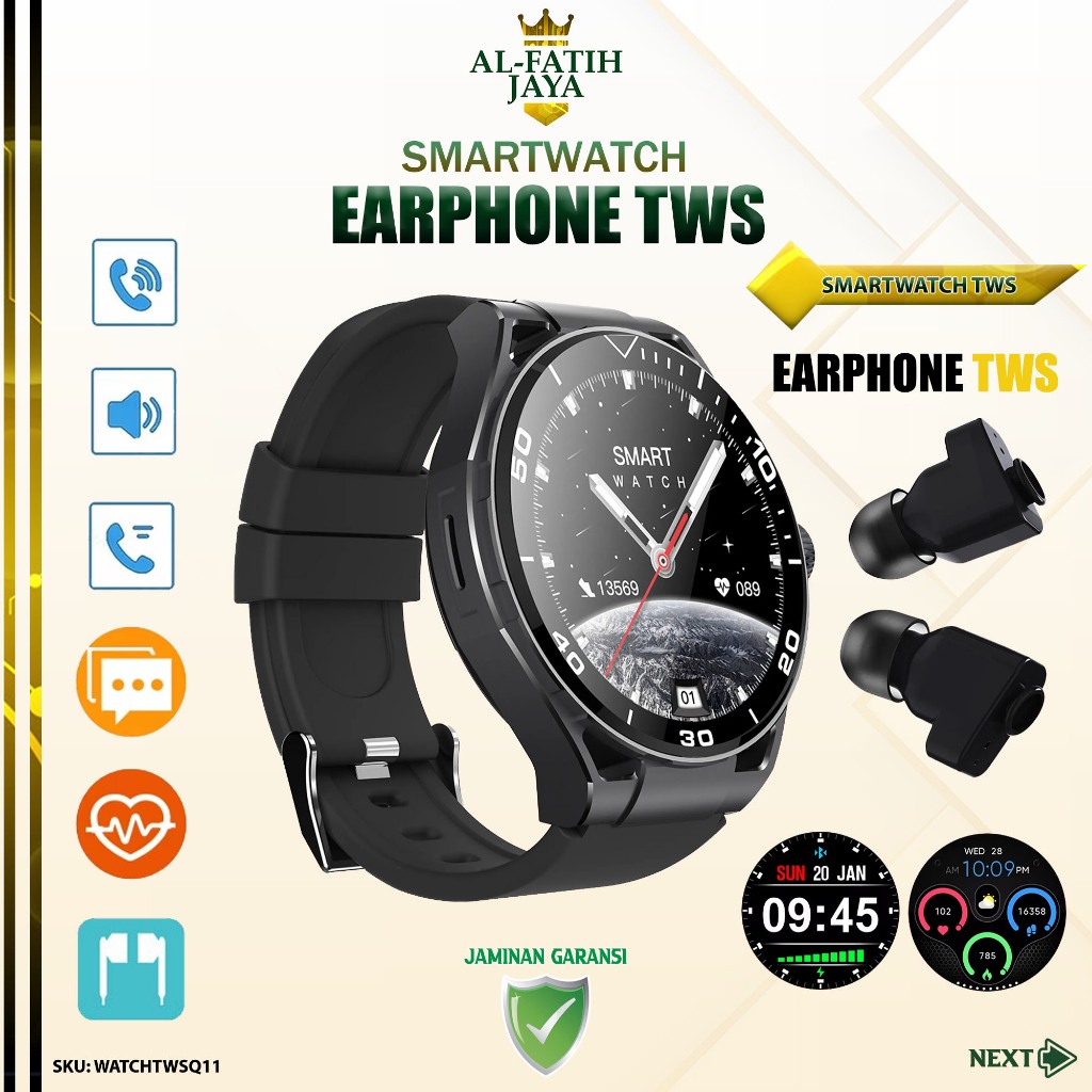 TWS Earphone Q11 Ear Buds Nirkabel & Smartwatch Bluetooth Jam Tangan Pintar Waterproof Modern Smart 