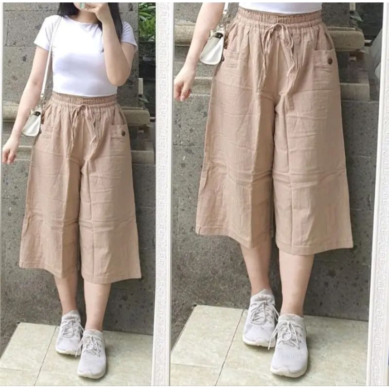 celana kulot wanita 7/8 variasi kancing bahan linen crinkle premium - celana santai - celana wanita 