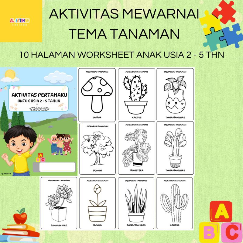 10 HALAMAN WORKSHEET MEWARNAI TEMA TANAMAN LEMBAR TUGAS ANAK USIA 2 3 4 5 TAHUN