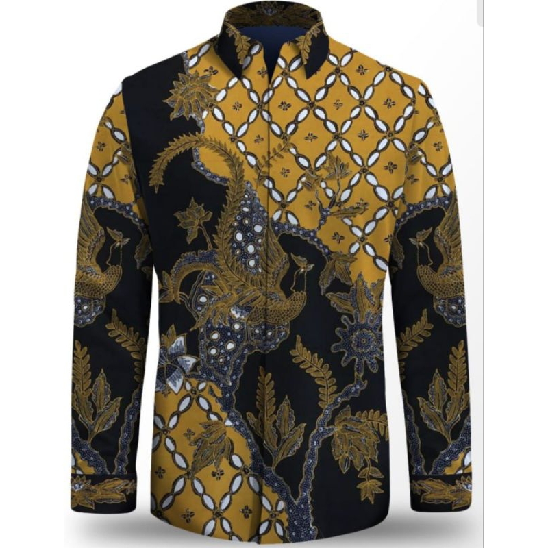 kain batik tulis pria bahan katun warna kuning kombinasi hitam